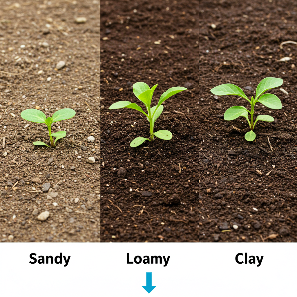 A close-up, photorealistic image showcasing three different soil types (sandy, loamy, clay) side-by-side, clearly labeled with small markers. A small, healthy plant is thriving in the loamy soil, while a slightly wilted plant struggles in the sandy soil, illustrating diverse water retention capabilities.