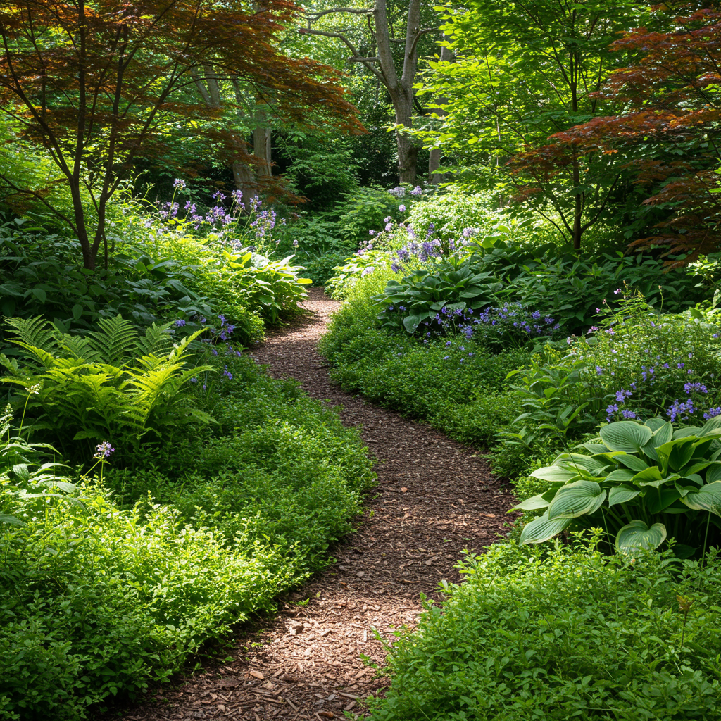 A lush, vibrant, and well-designed shady garden with a variety of green foliage and colorful flowers, dappled sunlight, photorealistic. 