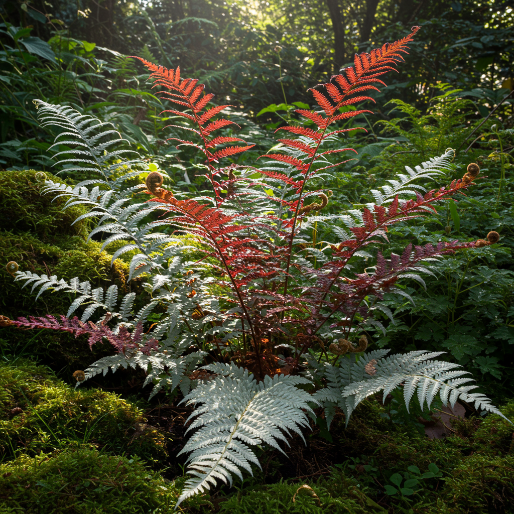 A cluster of delicate, feathery ferns (e.g., Japanese Painted Fern) with silver and burgundy hues, thriving in a dappled shade garden, photorealistic.
