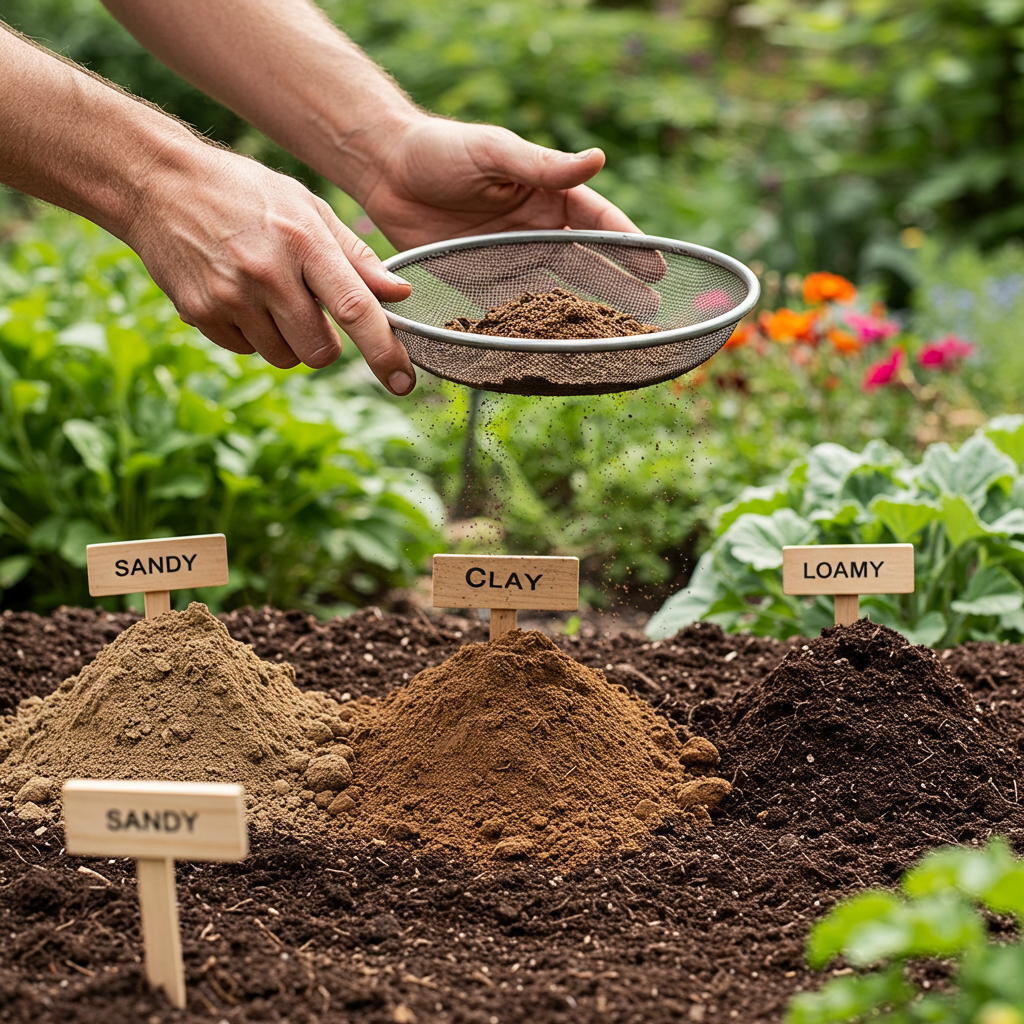 Hand sifting different types of soil: sandy, clay, and loamy, with labels, in a garden setting. 