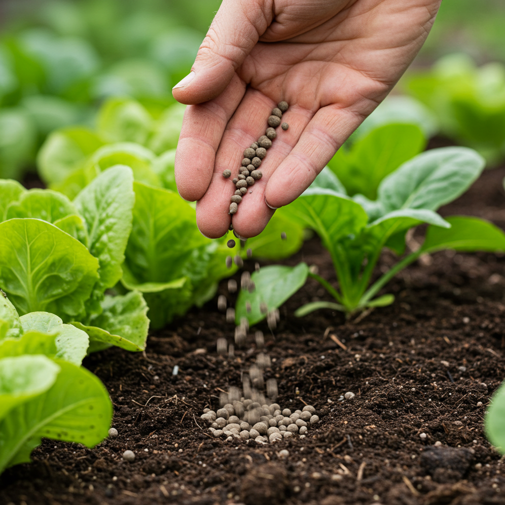Close-up of a hand sprinkling organic fertilizer pellets into garden soil, with vibrant plants in the background. 