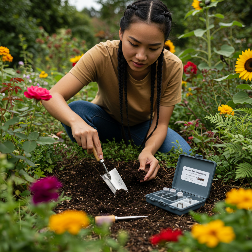 Person collecting soil sample in a garden using a trowel for soil testing, with a small testing kit nearby. 