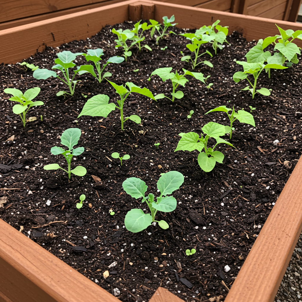 Well-maintained raised garden bed filled with dark, rich soil and small vegetable seedlings, vibrant and healthy. 