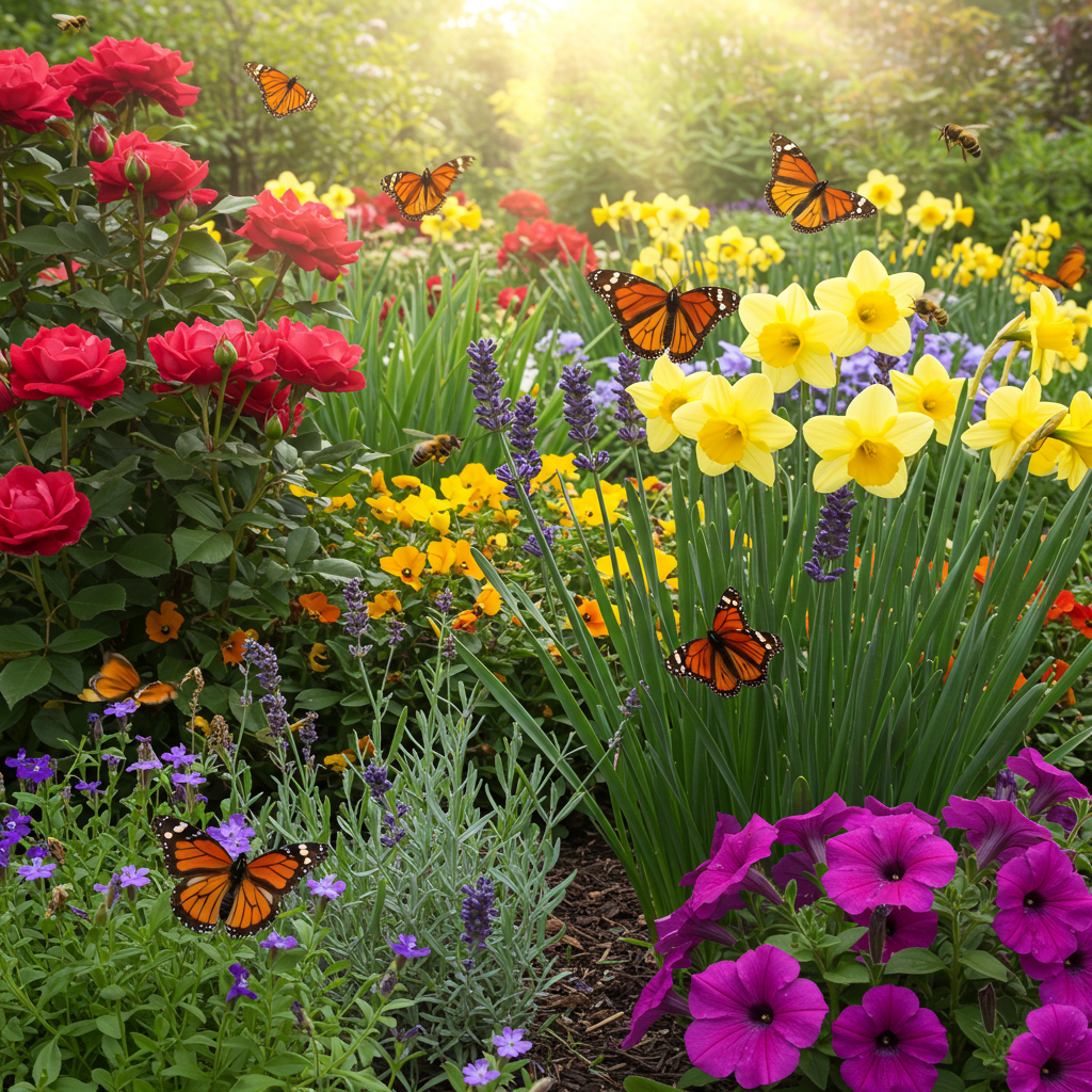 A vibrant, colorful garden teeming with bees and butterflies on a sunny day
