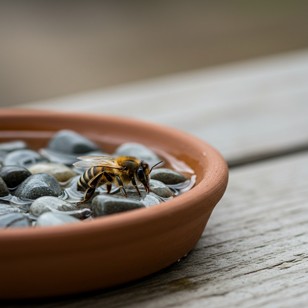 A close-up of a pollinator watering station with a bee drinking water from a shallow dish with pebbles


