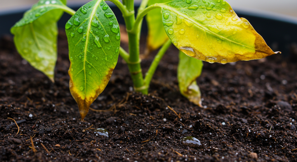 A close-up shot of a plant with yellowing, droopy leaves, indicating overwatering, with water droplets on the soil, realistic.

