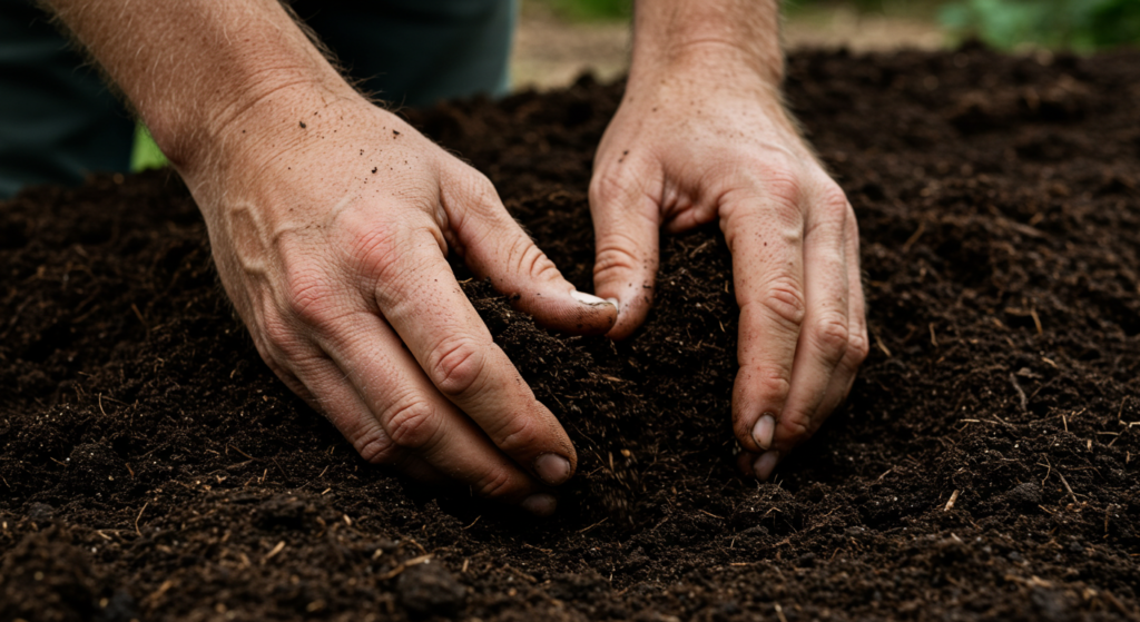 A gardener's hands mixing rich, dark, loamy soil with compost, close-up, realistic.

