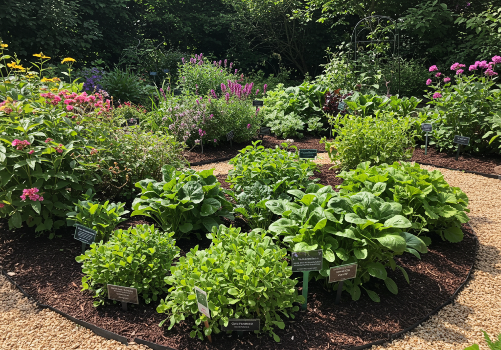 A vibrant, healthy garden featuring a mix of plants thriving in their appropriate sun exposure, with labels indicating sun/shade preferences, realistic.

