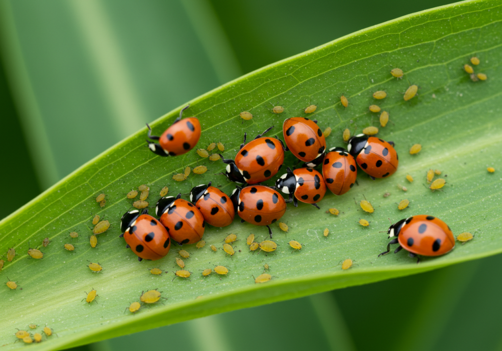 A close-up of ladybugs on a plant leaf, naturally controlling aphids, illustrating natural pest control, realistic.

