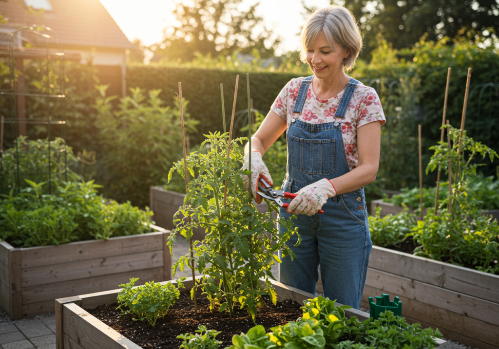 A gardener gently pruning a plant, demonstrating consistent care and attention, realistic.

