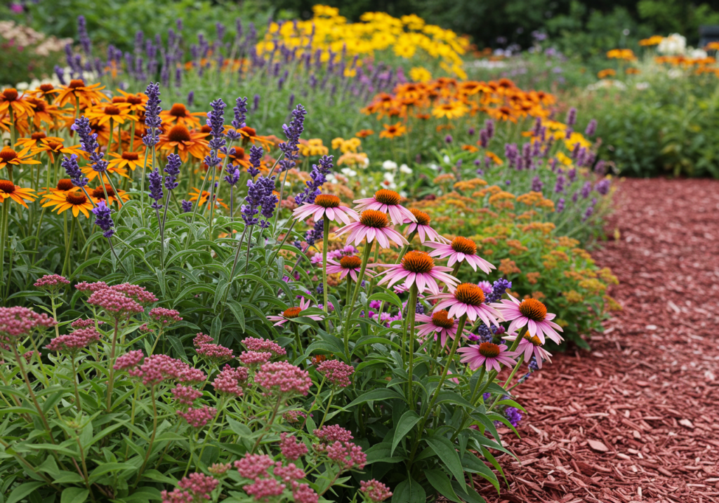 Close-up of a vibrant bed of easy-care perennial flowers like lavender, coneflowers, and sedum, with a blurred background of a neatly mulched garden. The colors are rich and inviting. Photorealistic style.
