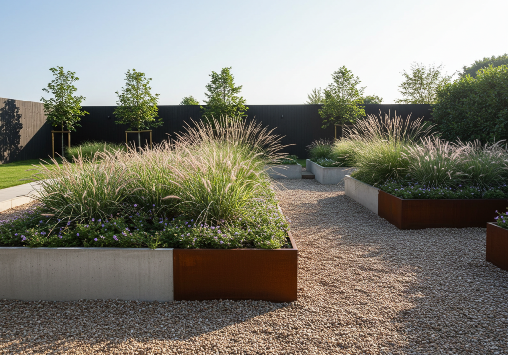 A sleek, modern low-maintenance garden featuring geometric raised beds made of concrete or steel, filled with a sparse, elegant selection of ornamental grasses and succulents. Clean lines, gravel pathways, and minimalist aesthetic under a clear sky. Photorealistic style.