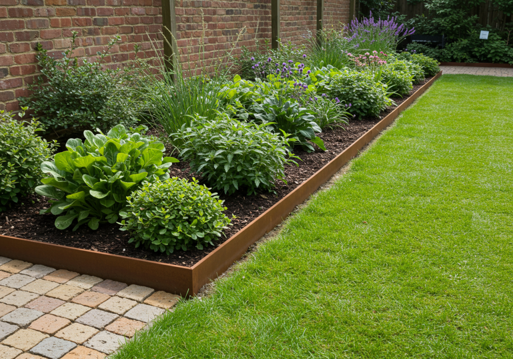 A pristine garden bed clearly defined by a subtle yet effective garden edging made of metal or brick, separating it from a neatly mown lawn. The plants inside the bed look healthy and well-contained. Photorealistic style. 