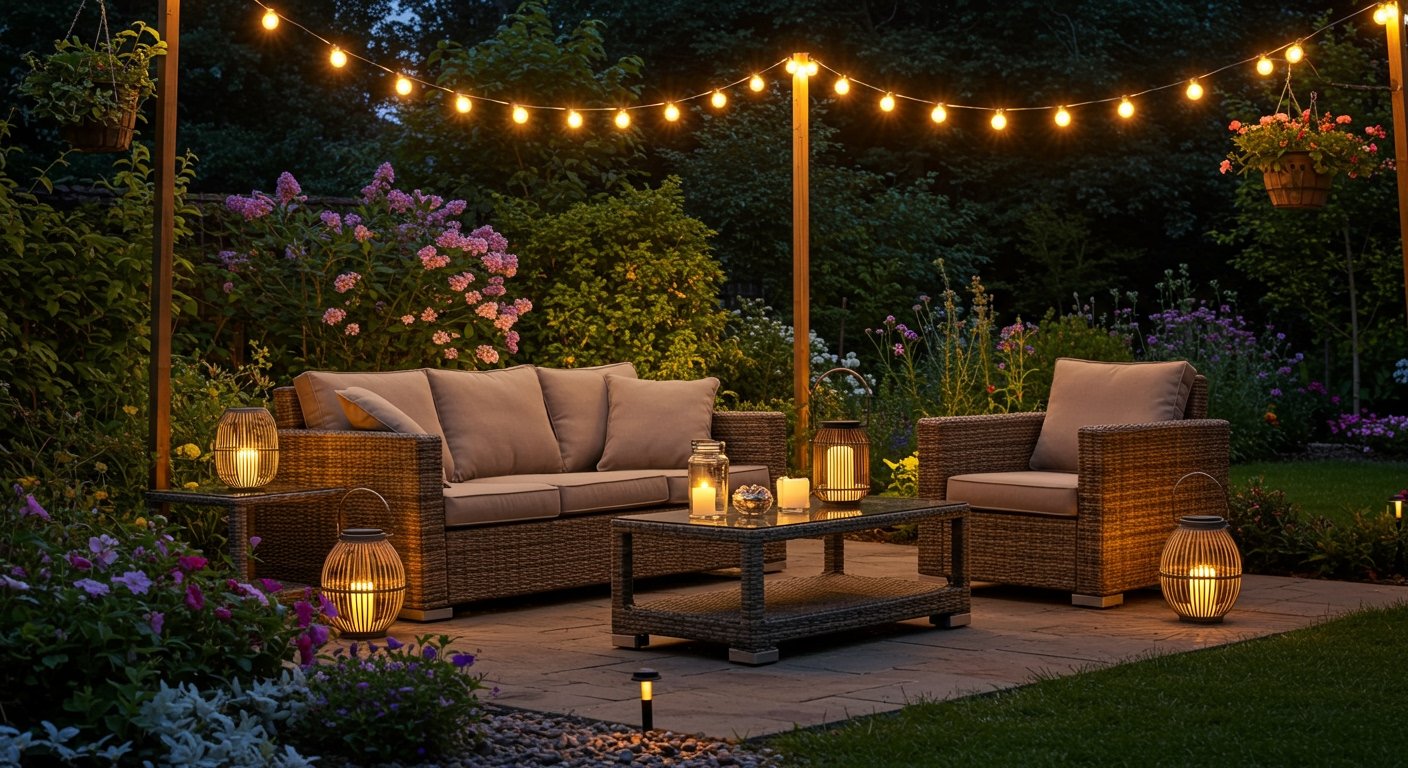 A backyard patio at dusk, illuminated by warm string lights hung overhead, solar lanterns on tables, and soft path lighting, creating a magical atmosphere, photorealistic.