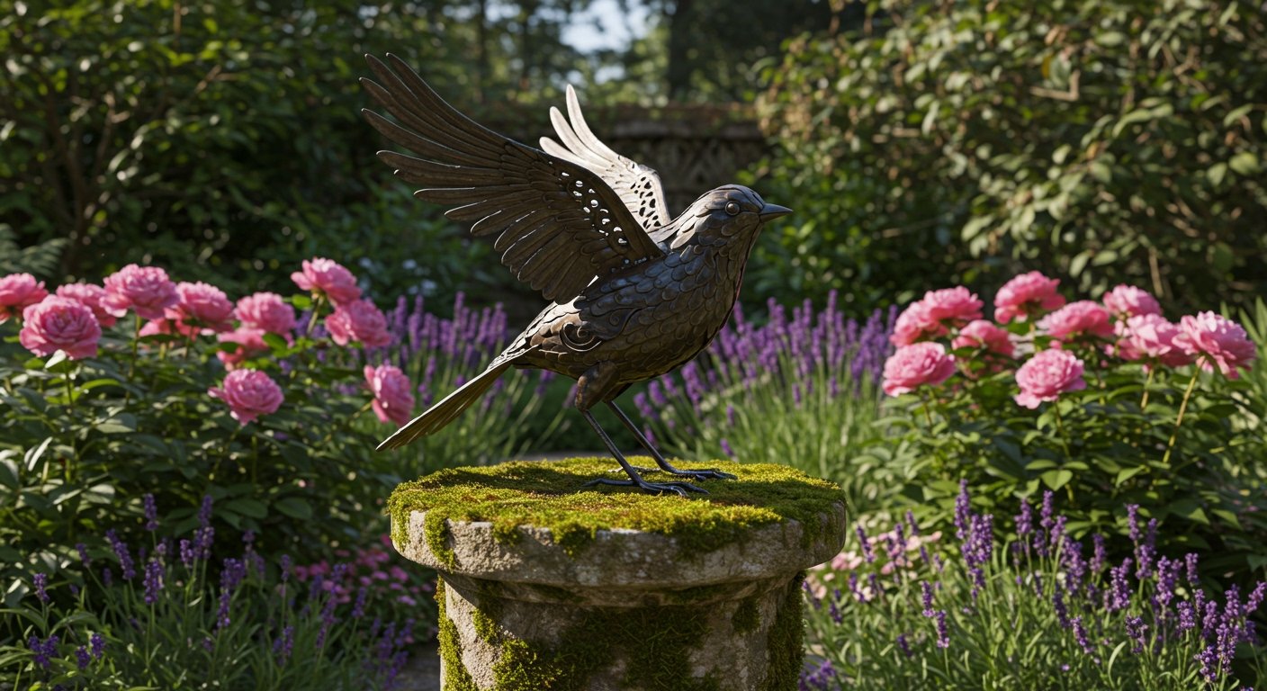 A beautifully crafted metal bird sculpture perched on a stone pedestal amidst flowering plants in a tranquil garden, serving as a focal point and garden art, photorealistic.