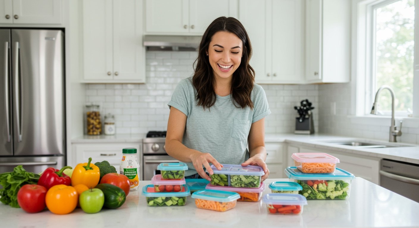 A beginner happily organizing colorful, healthy meal prep containers in a clean kitchen, illustrating meal prepping for beginners.