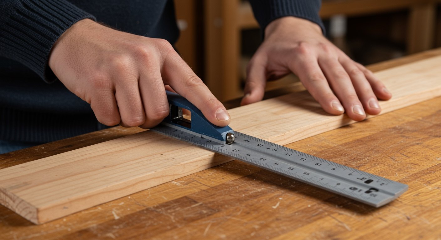 A beginner uses a combination square to mark precise lines, showcasing essential woodworking hand tools for beginners.