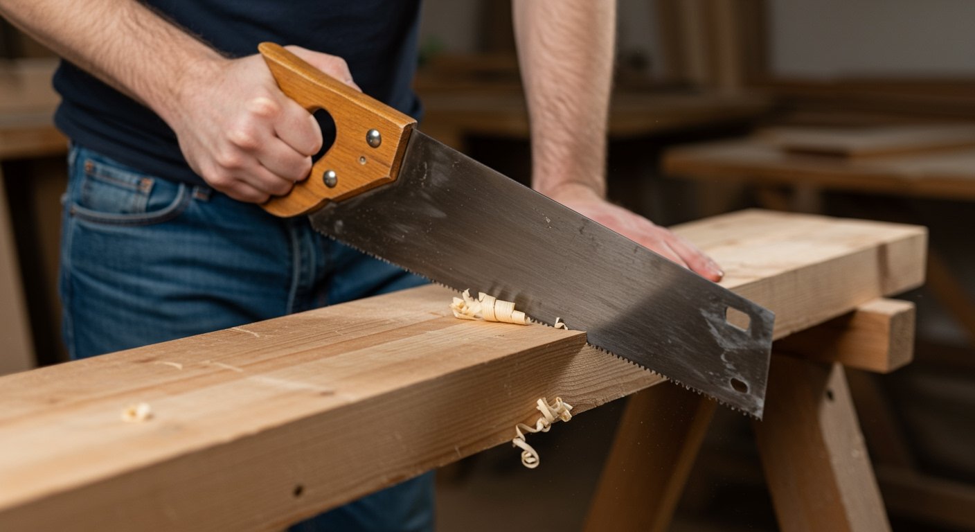A beginner woodworker carefully cuts lumber with a panel hand saw, an essential piece among the top woodworking hand tools for beginners.
