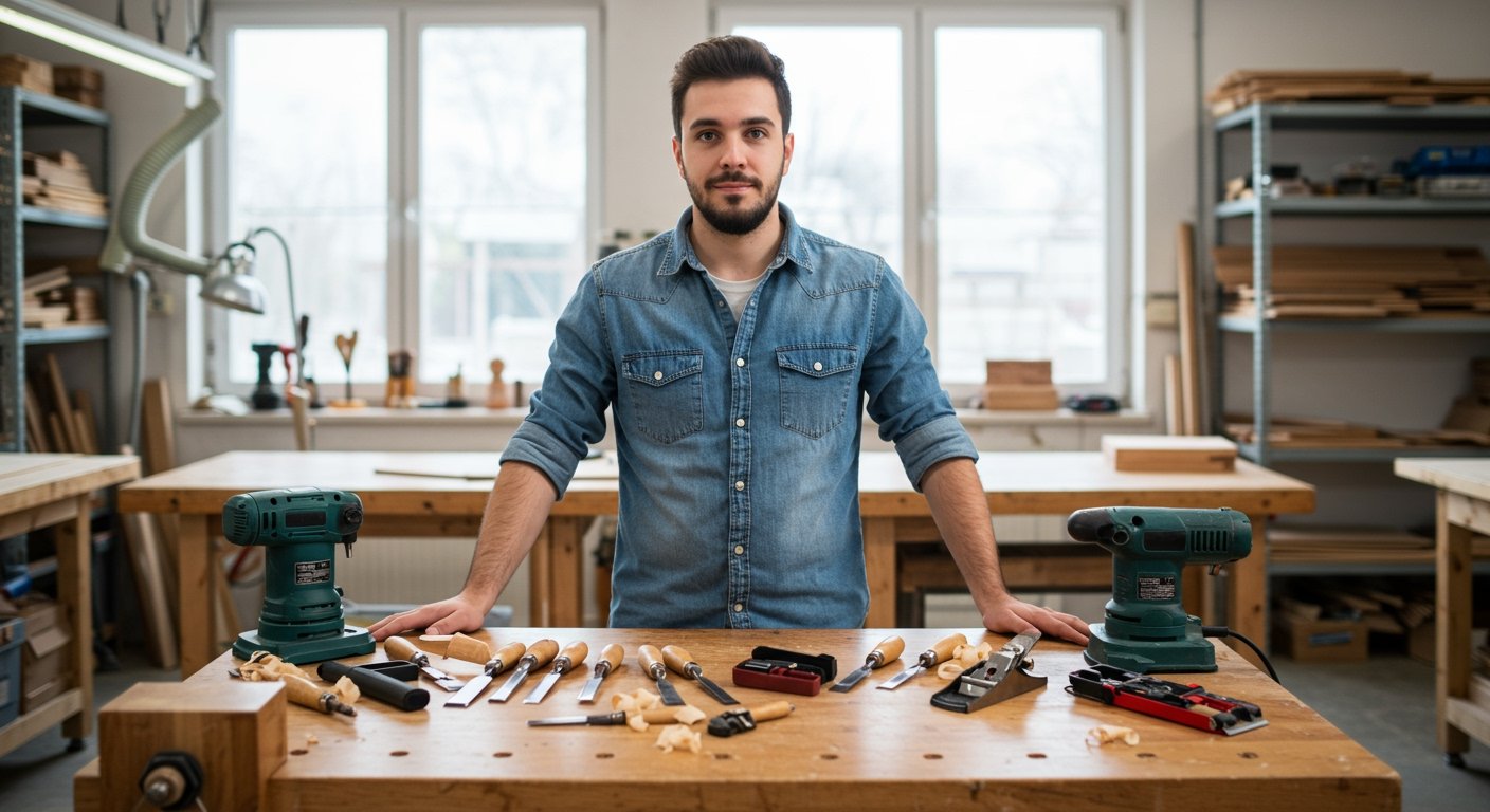 A beginner woodworker excitedly looking at a collection of new hand tools and a few power tools laid out on a clean workbench in a well-lit workshop.