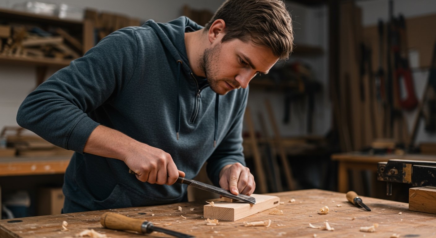 A beginner woodworker, focused, using basic woodworking hand tools for beginners to work on a small wooden project in a well-lit workshop, showcasing a sense of calm and craftsmanship.