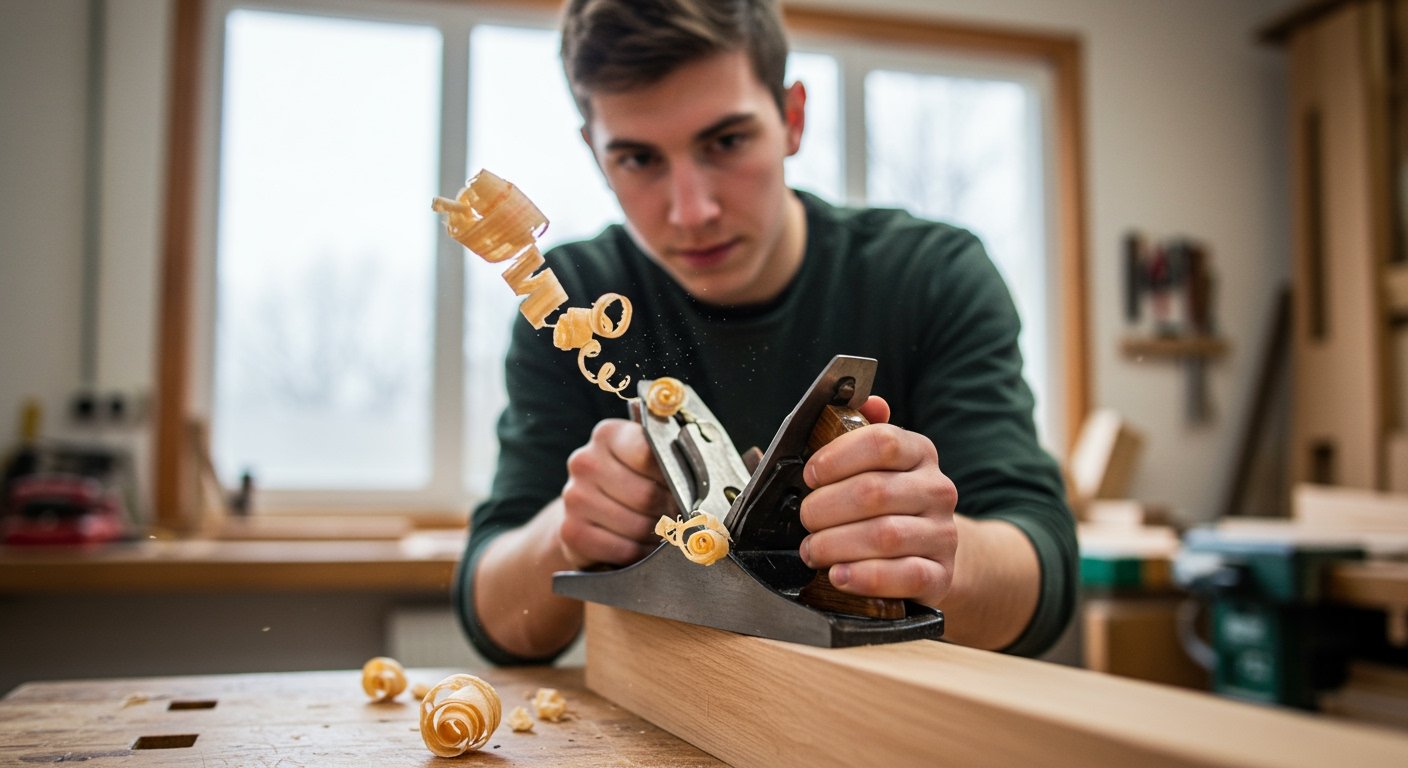 A beginner woodworker skillfully operates a bench plane, demonstrating one of the essential woodworking hand tools for beginners while smoothing a wooden board and creating delicate shavings.