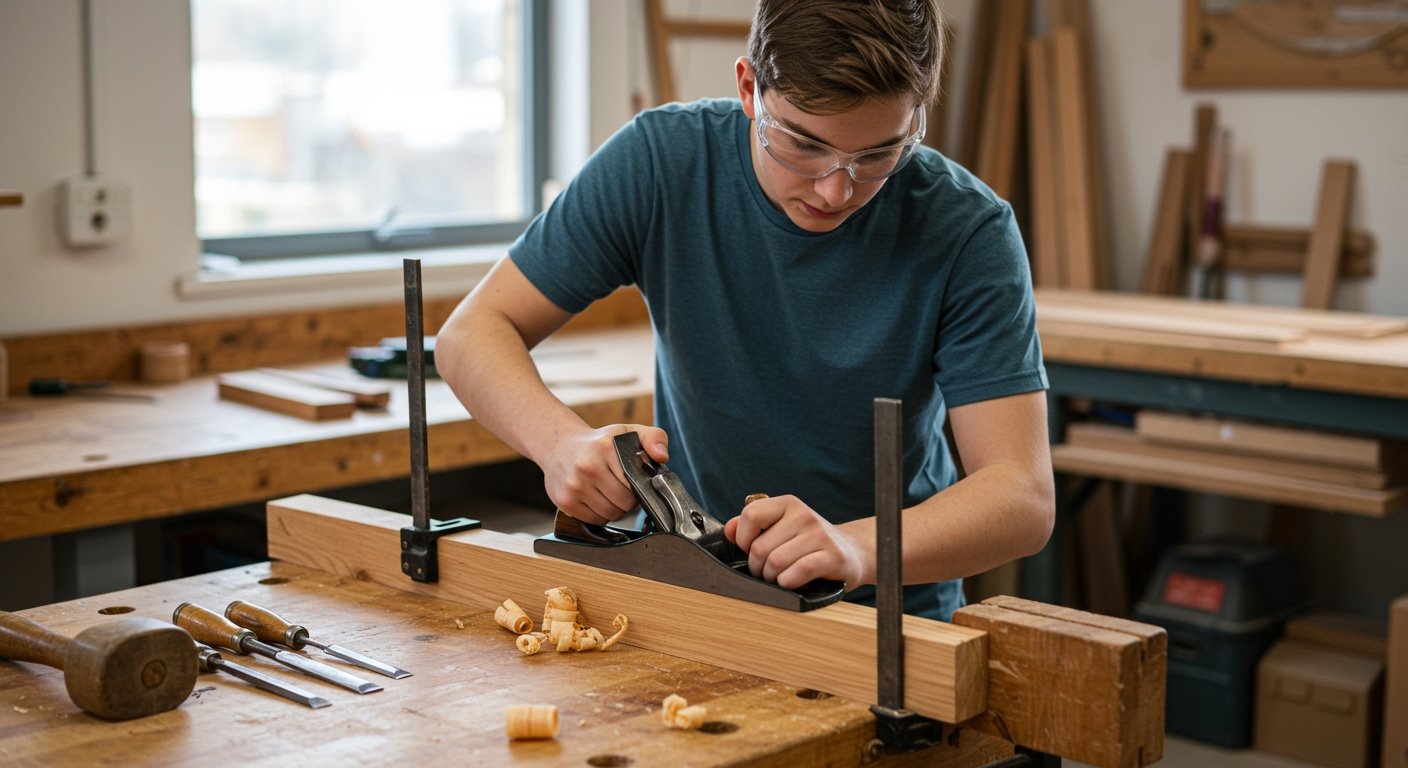 A beginner woodworker wearing safety glasses, carefully setting up a piece of wood with clamps before using a hand tool, demonstrating safe practices with woodworking hand tools for beginners.