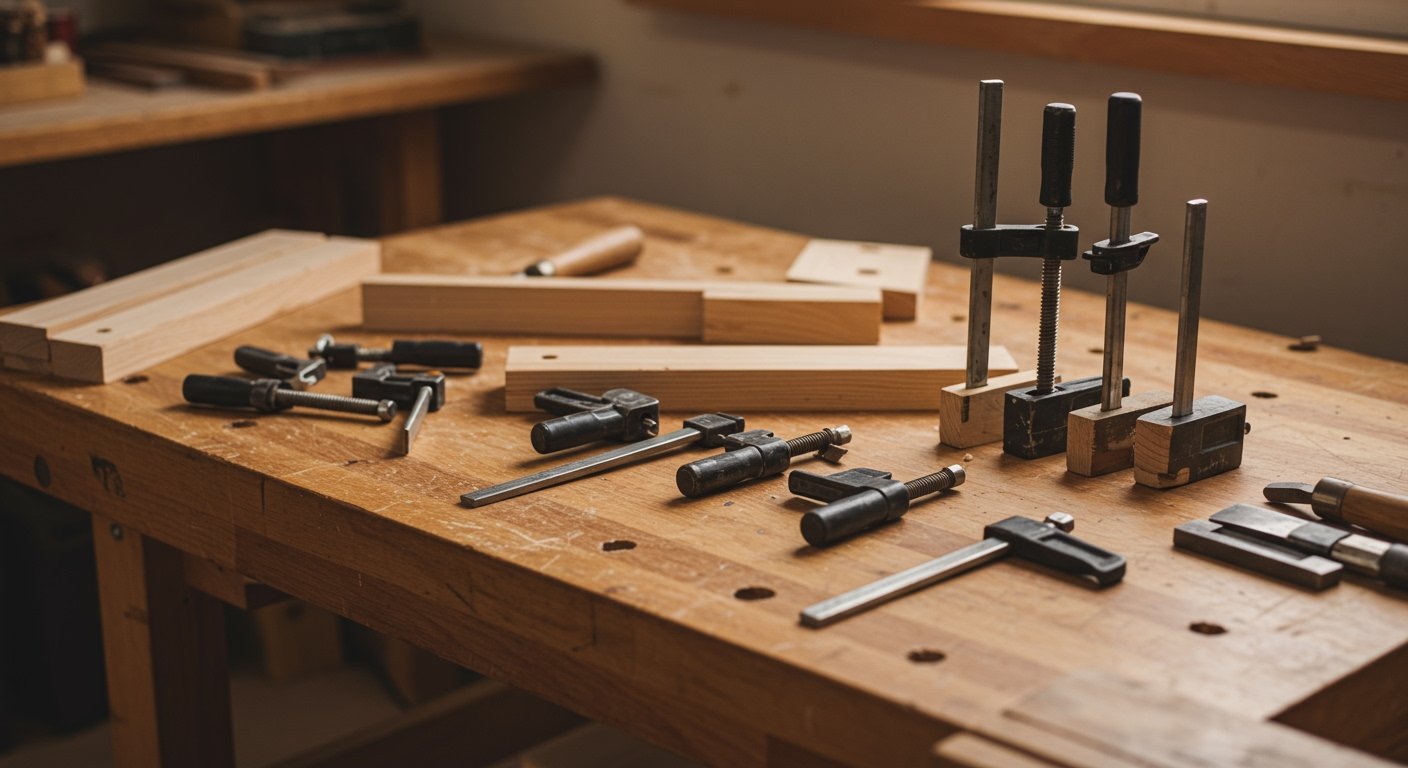 A beginner woodworker's workshop with a small collection of essential best woodworking clamps, including F-clamps, quick-grip clamps, and spring clamps, neatly arranged and ready for use.