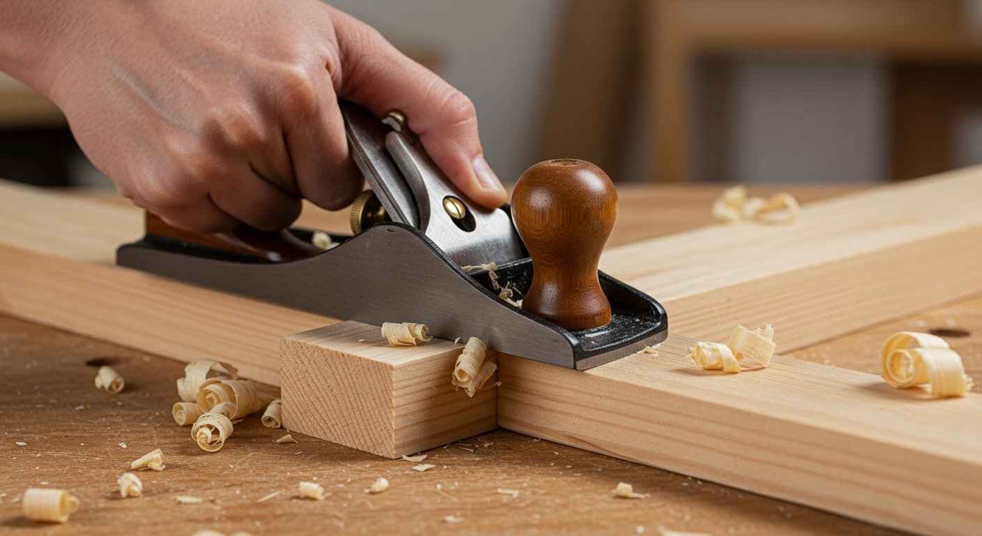 A block plane being used to precisely trim a wooden edge, an essential item among woodworking hand tools for beginners.