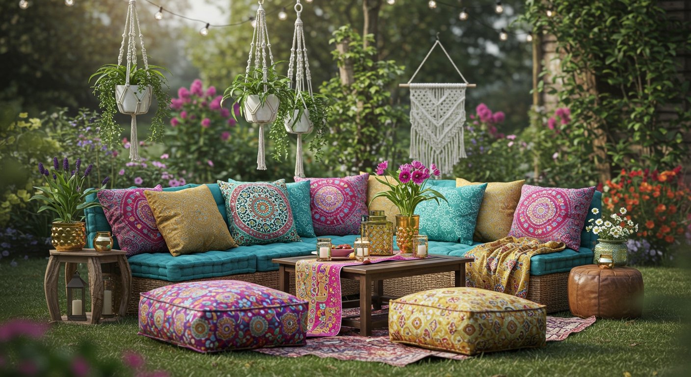 A bohemian-style backyard corner with macrame plant hangers, patterned floor cushions, and vibrant outdoor textiles, creating a relaxed and eclectic garden design inspiration, photorealistic.