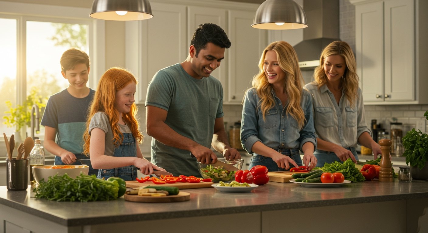 A bustling kitchen scene with a family quickly preparing easy weeknight dinners under 30 minutes, showing fresh ingredients and happy faces.