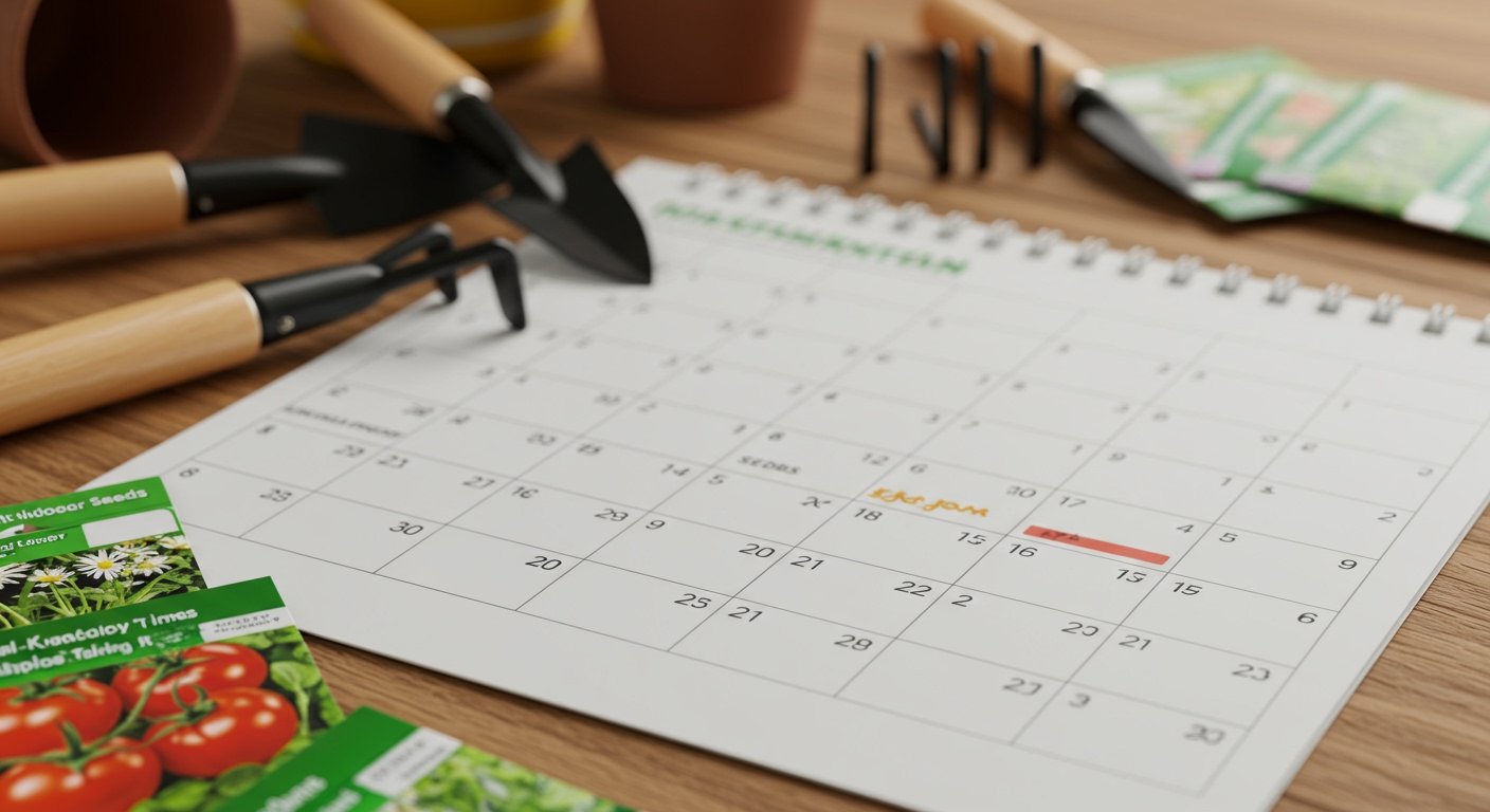 A calendar with specific dates highlighted for starting different types of seeds indoors, with gardening tools like small trowels and seed packets in the background, realistic photo.