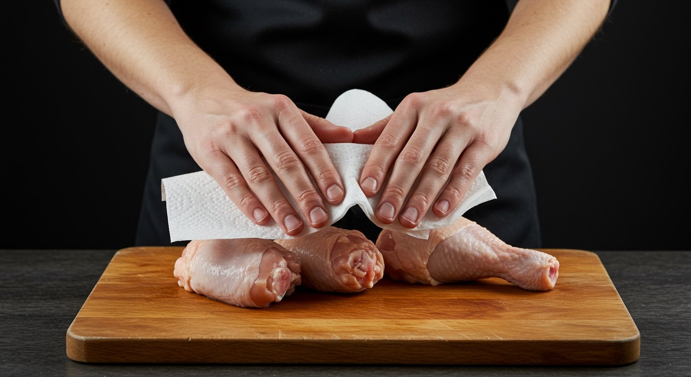 A chef patting dry raw chicken pieces with paper towels on a cutting board, emphasizing the importance of moisture removal for crispy fried chicken. How to make crispy fried chicken.