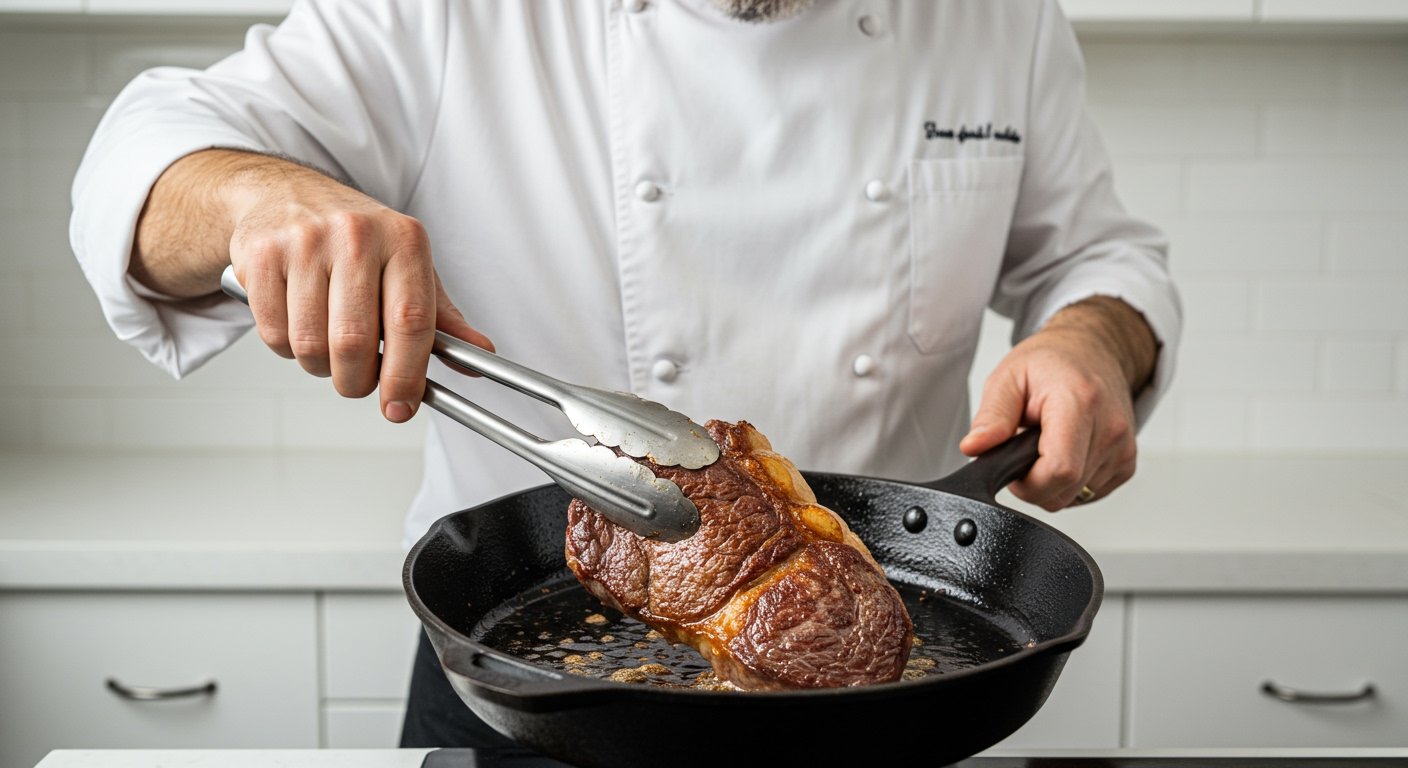 A chef using tongs to flip a pan-seared steak in a heavy-bottomed pan, showcasing the browning process for perfect steak at home.