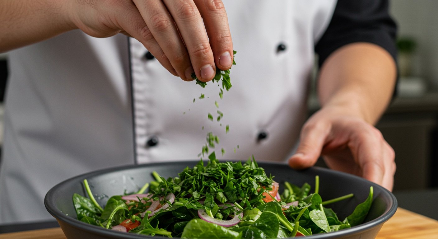 A chef's hand sprinkling chopped fresh parsley over a vibrant green salad, showcasing using fresh herbs in recipes. The focus is on the freshness and finishing touch aspect of Fresh vs dried herbs.