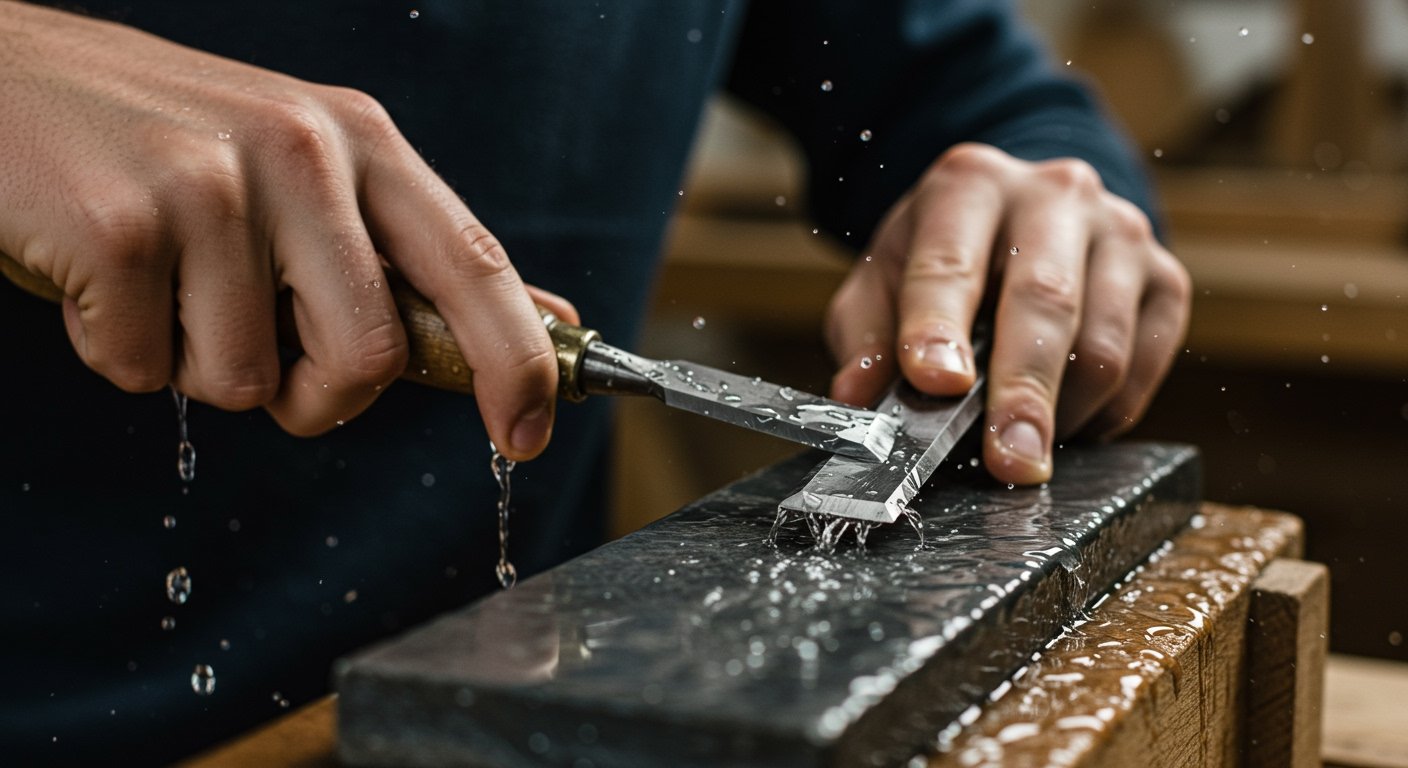 A close-up of a beginner woodworker carefully sharpening a chisel on a wet sharpening stone, emphasizing the importance of maintenance for woodworking hand tools for beginners.