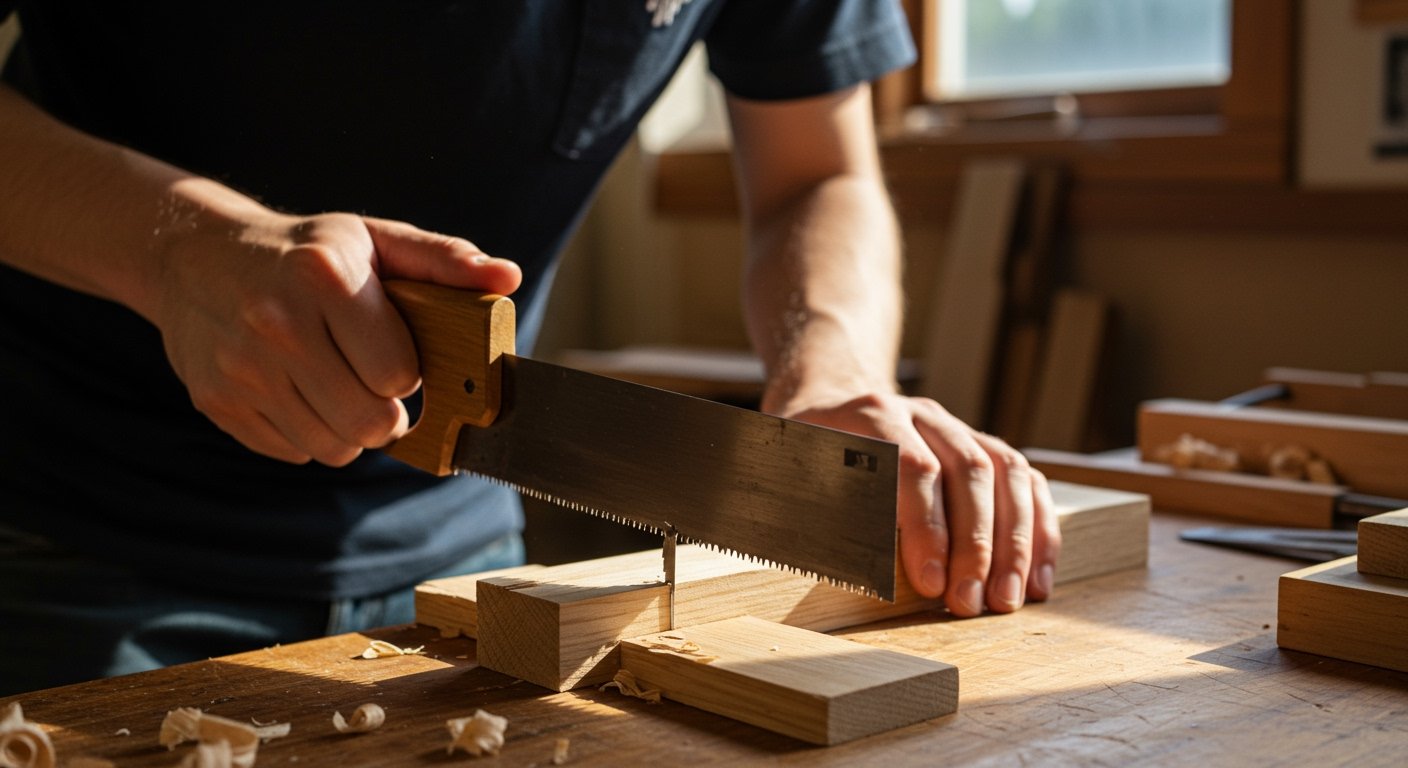 A close-up of a beginner woodworker using a Japanese pull saw to make a precise cut on a small wooden board.