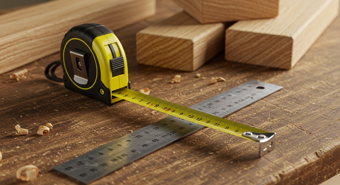 A close-up of a sturdy, retractable measuring tape and a steel ruler laid out on a workbench next to rough lumber, representing essential woodworking hand tools for beginners.