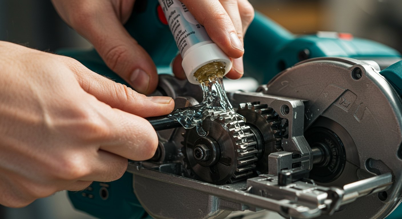 A close-up of hands applying lubricant to the moving parts of a power saw, emphasizing power tool maintenance.