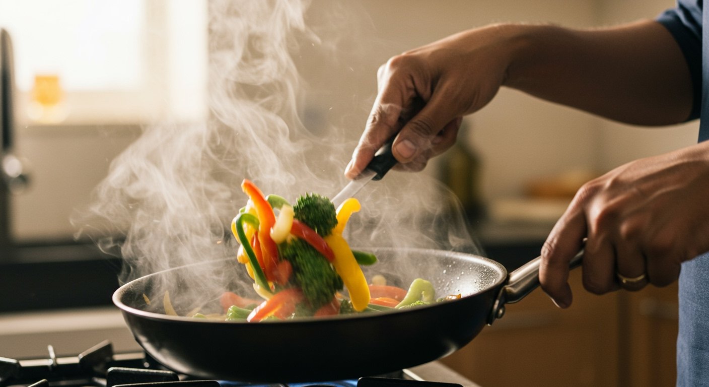A close-up of hands demonstrating a basic cooking technique like sautéing vegetables in a pan, with steam rising, symbolizing foundational skills for how to cook from scratch.