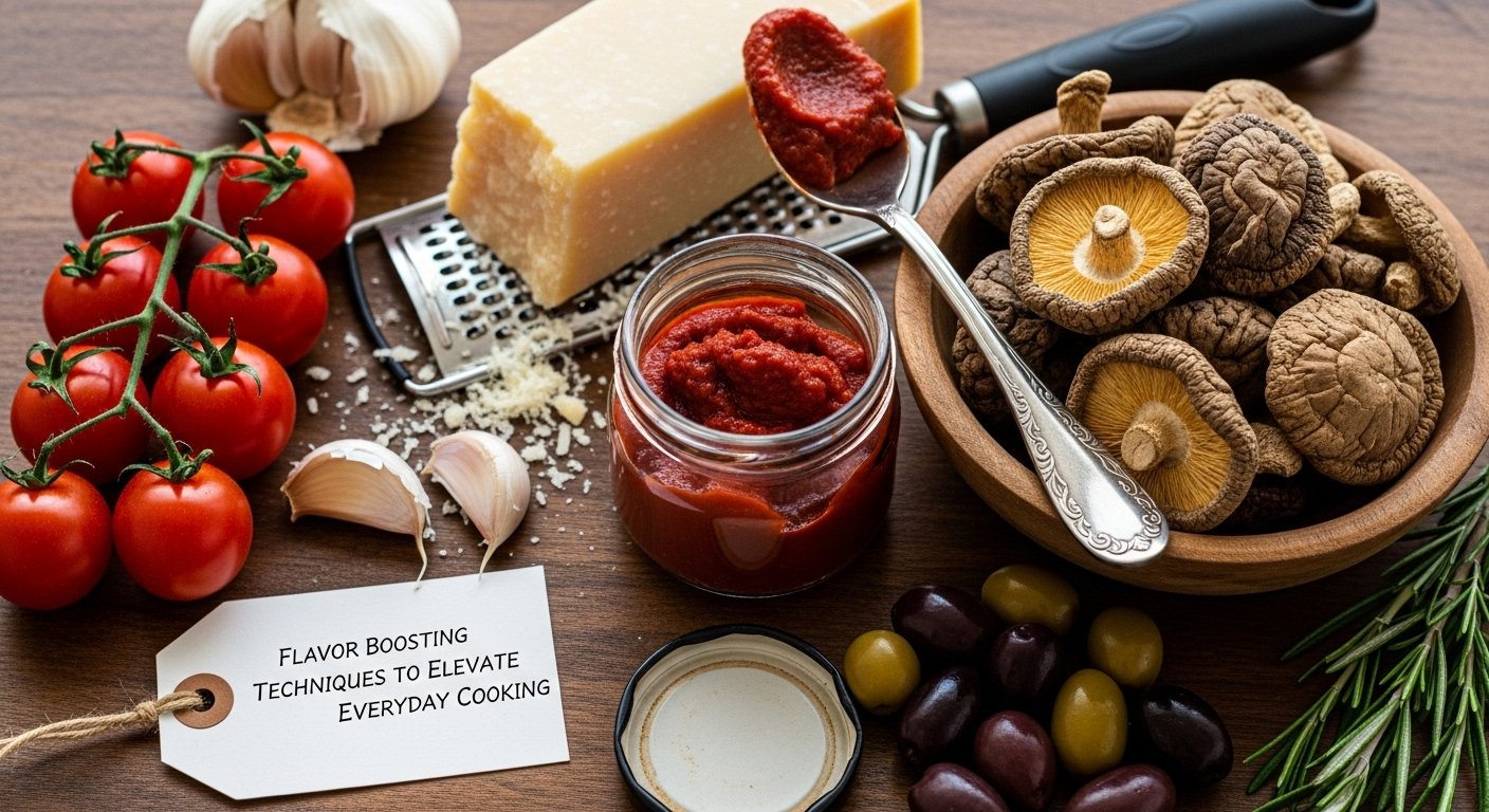 A close-up of various umami-rich ingredients like dried mushrooms, tomato paste, and Parmesan cheese, illustrating Flavor Boosting Techniques to Elevate Everyday Cooking.