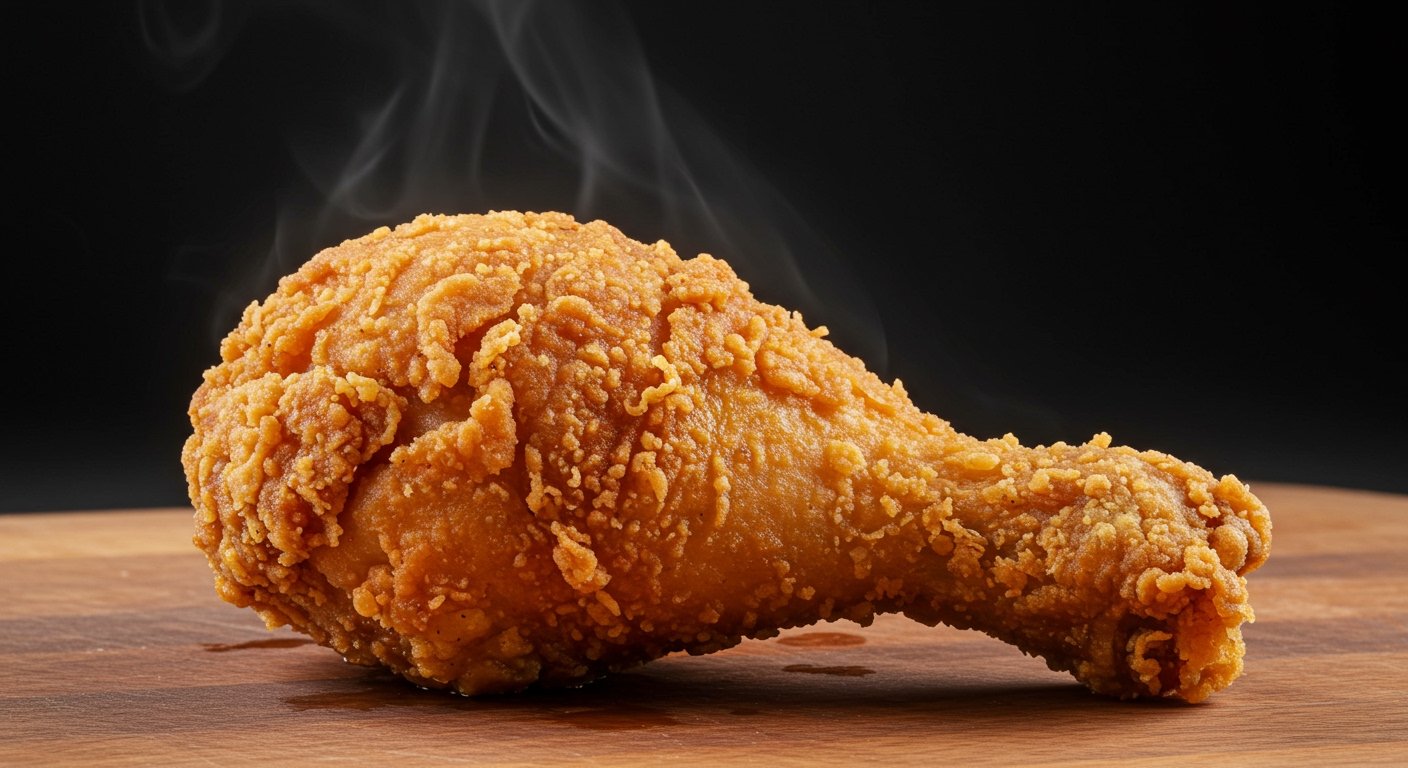 A close-up, photorealistic shot of a perfectly golden-brown, extra crispy fried chicken drumstick on a wooden board, with steam gently rising, emphasizing the texture. How to make crispy fried chicken.