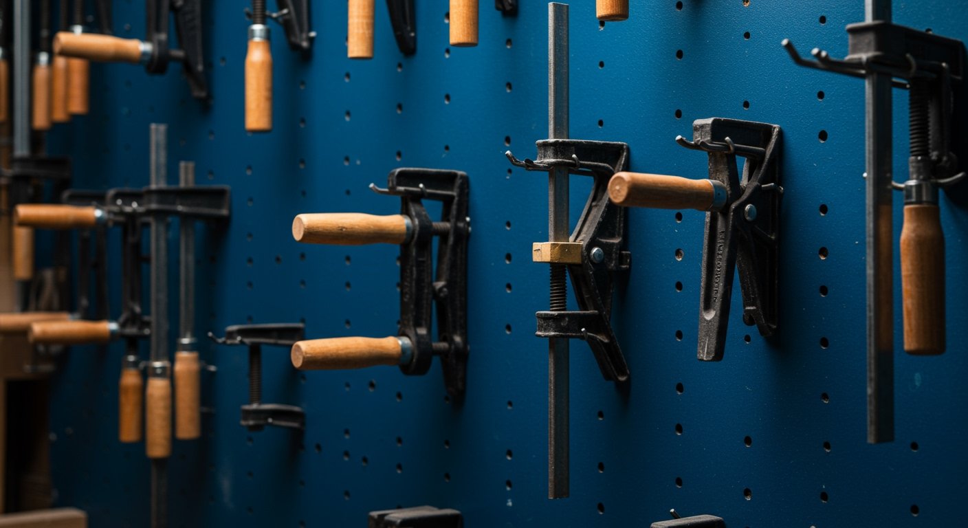 A close-up, photorealistic shot of various best woodworking clamps neatly organized on a workshop wall, showcasing different sizes and types, including F-clamps and parallel clamps.