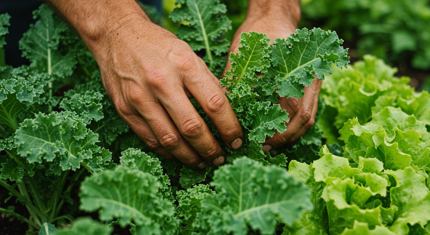 A close-up shot of a gardener's hands gently inspecting organic leafy greens for any signs of natural pests, with a focus on healthy plant growth. Photorealistic.
