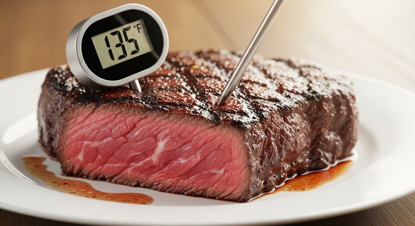 A close-up shot of a perfectly cooked medium-rare steak with a meat thermometer inserted, displaying the ideal internal temperature to cook perfect steak.