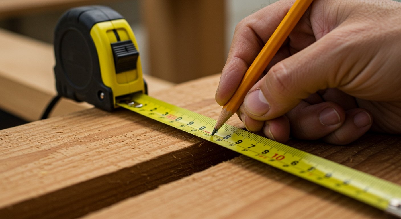A close-up shot of a tape measure extended across a piece of lumber, with a hand holding a pencil marking a measurement.
