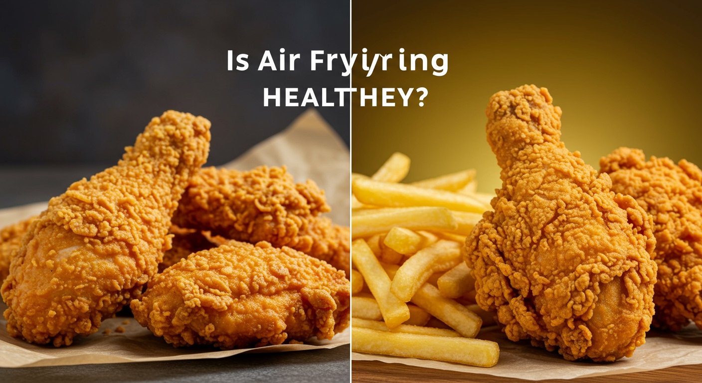 A close-up shot of crispy air-fried chicken and french fries alongside a deep-fried version for comparison, highlighting the difference in oil, with text overlay 'Is air frying healthier?'