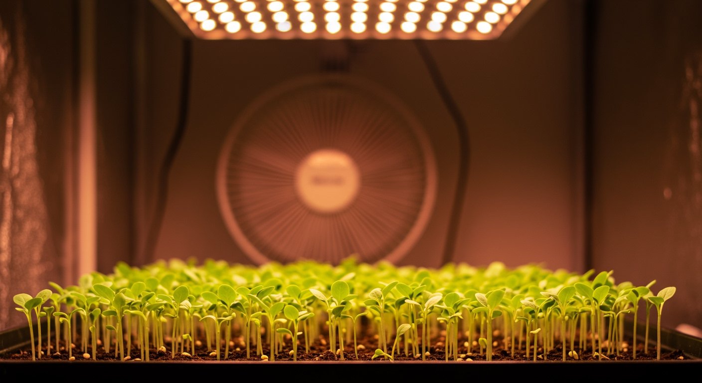 A close-up shot of healthy, compact green seedlings under a grow light, with a gentle fan in the background providing air circulation, realistic photo.
