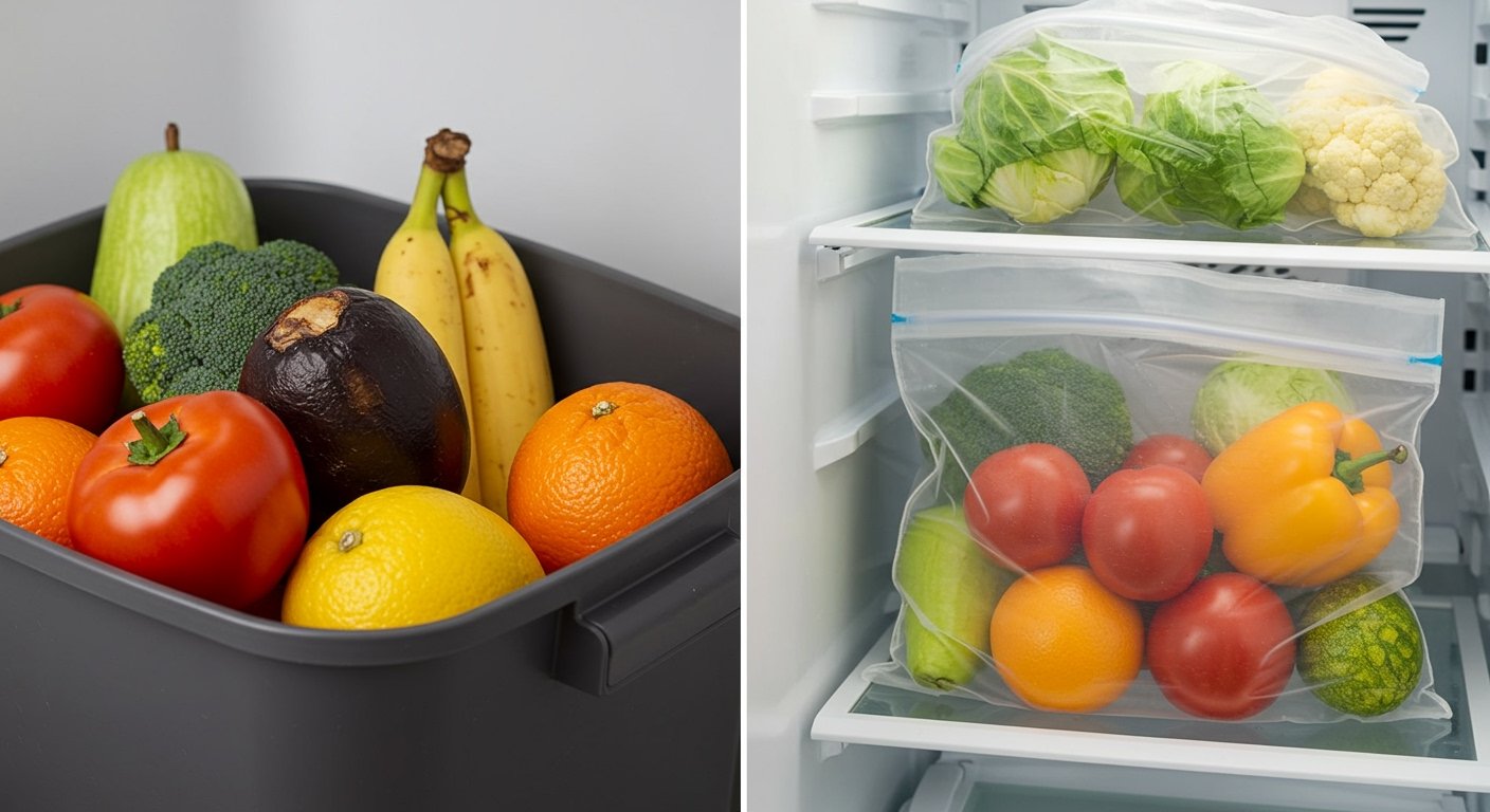 A close-up shot of spoiled produce in a compost bin contrasted with fresh, vibrant produce in a reusable storage bag in a refrigerator, emphasizing the importance of learning how to store fresh produce longer.