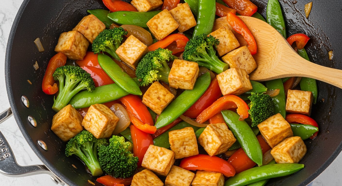 A colorful vegetarian stir-fry with tofu and plenty of fresh vegetables, showcasing healthy 30 minute dinners for easy weeknight dinners under 30 minutes.