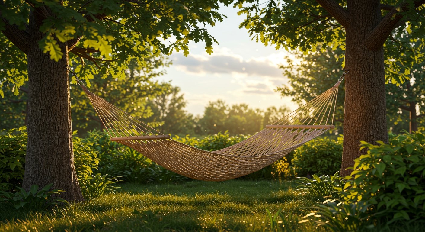 A comfortable, woven hammock strung between two sturdy trees in a shady part of a backyard oasis, with soft sunlight dappling through leaves, inviting relaxation, photorealistic.